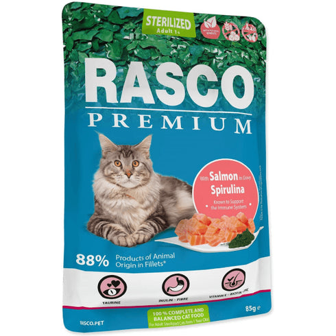 Hrana umeda pentru pisici Rasco Sterilizat Somon&Spirulina 85g